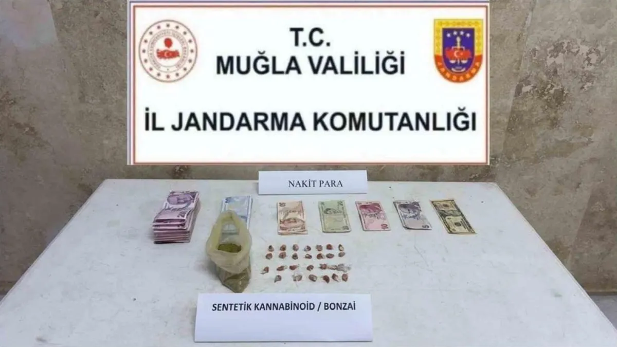 Muğla İl Jandarma Komutanlığı ekiplerince ele geçirilen sentetik uyuşturucu ve nakit para
