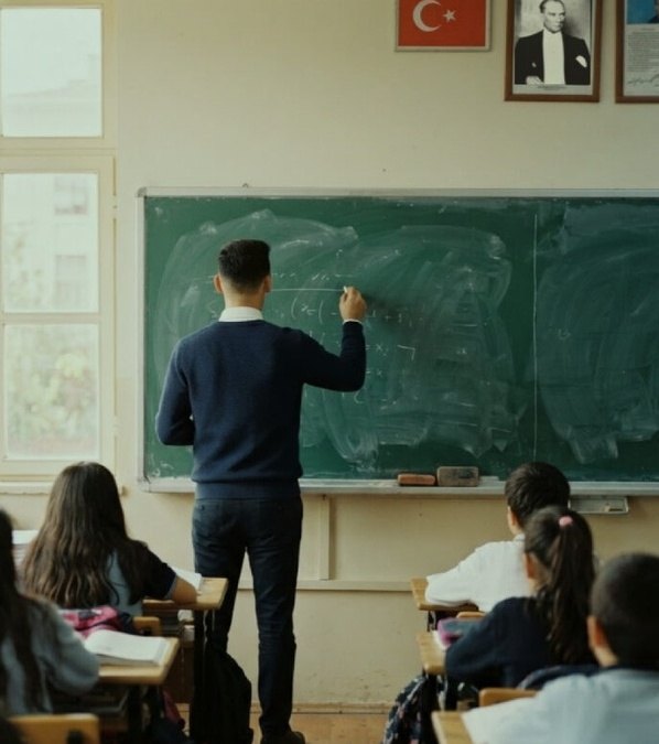Sınıfta tahtaya yazı yazan öğretmen